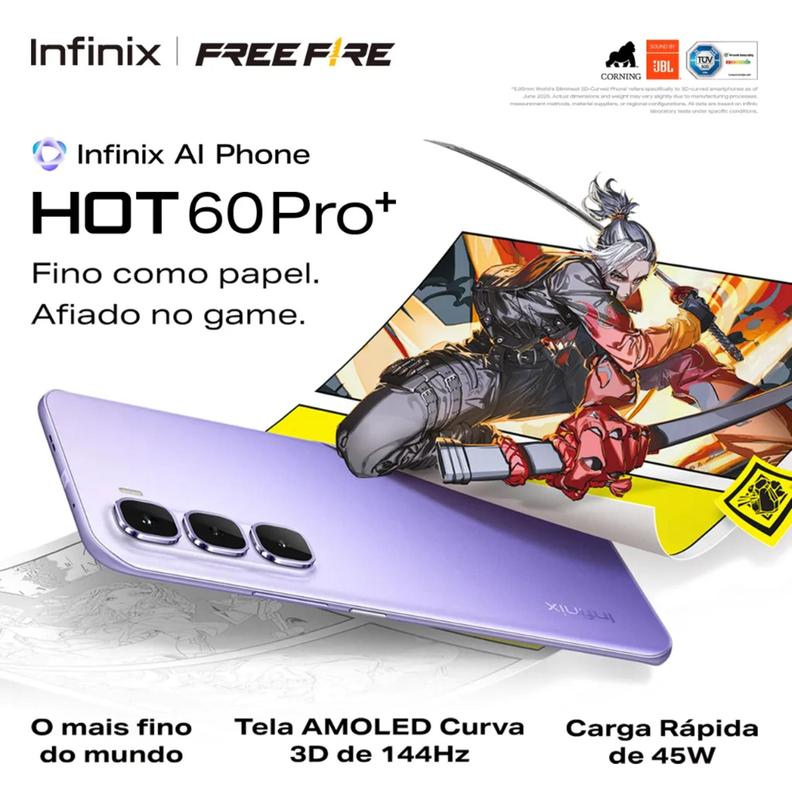 Smartphone Infinix Hot 60 Pro+ 256GB Até 16GB RAM tela curva 3D de